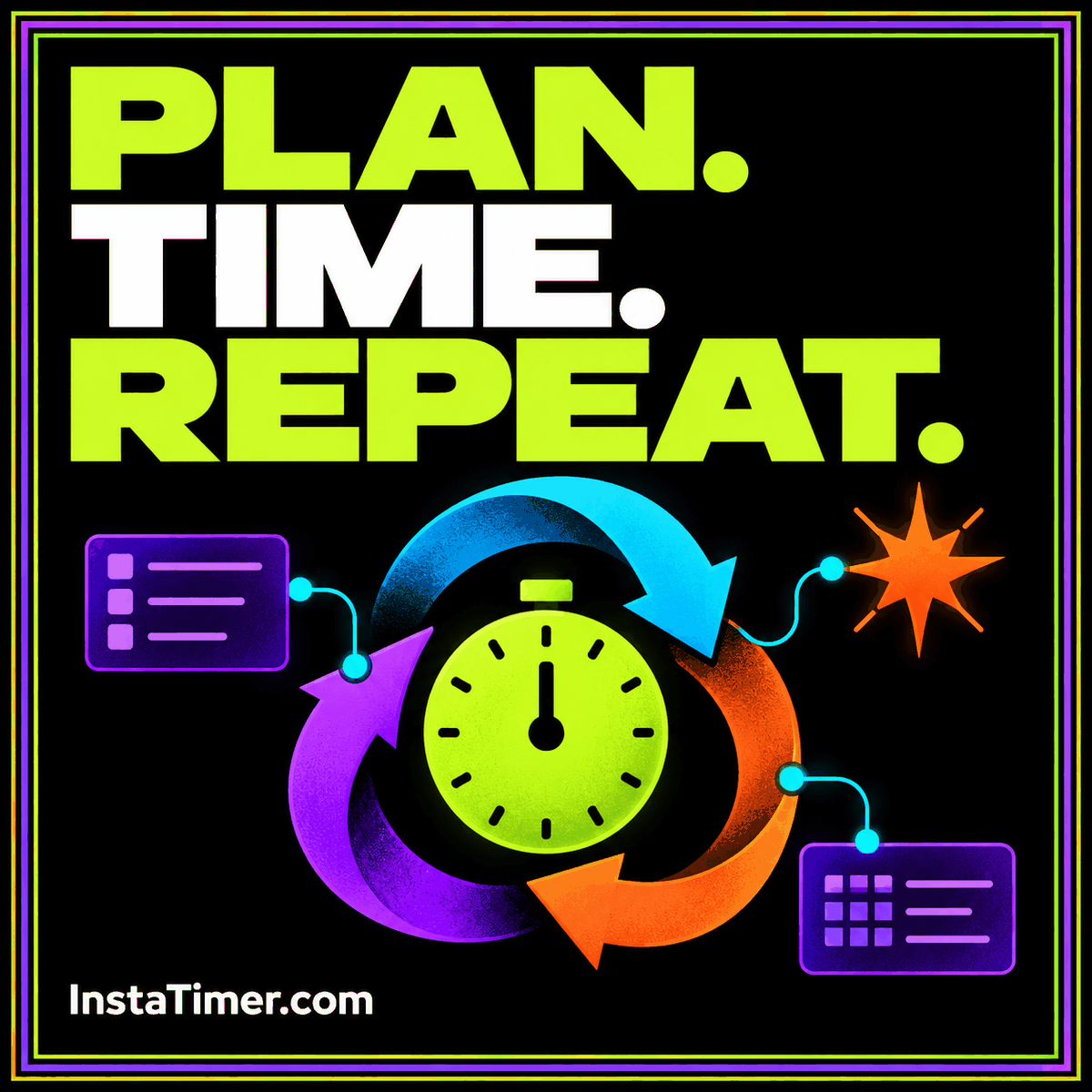 AI Insta Timer: Turn a Written Plan into Timed Steps — original neon typography card with an InstaTimer.com label