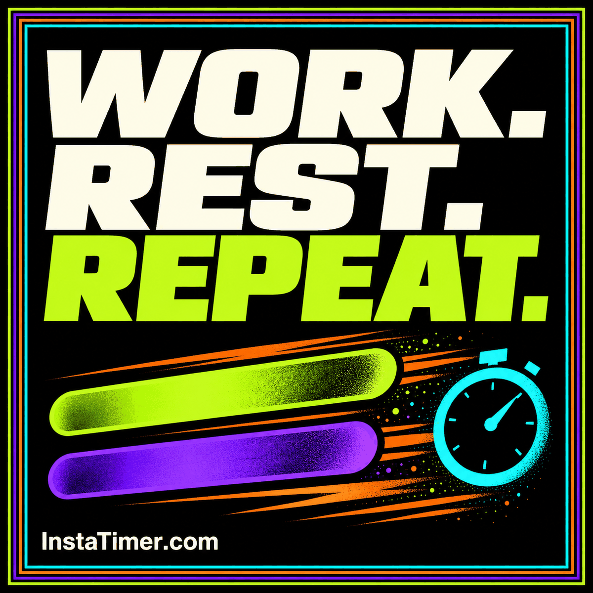 Workout Insta Timer: Build Clear Work and Rest Intervals — original neon typography card with an InstaTimer.com label